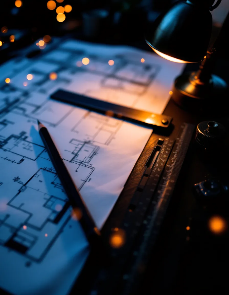 Drafting desk at dusk with a half-finished floor plan, scale ruler and a brass plumb bob in amber lamplight