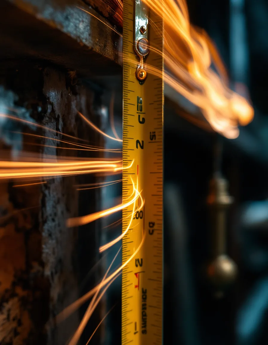 A tape measure pulled across a wooden joist, its blade blurred into an amber light trail beside a still plumb bob