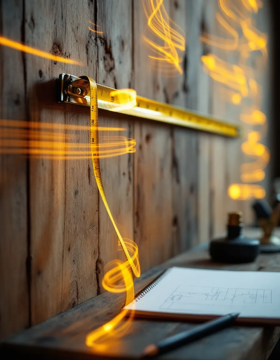 A yellow tape pulled across a stud wall beside a still plumb bob and a pencil-marked notebook